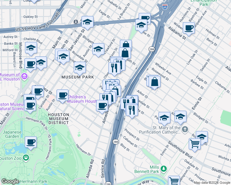 map of restaurants, bars, coffee shops, grocery stores, and more near 2017 Wichita Street in Houston