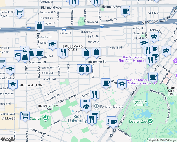 map of restaurants, bars, coffee shops, grocery stores, and more near 1704 Albans Rd in Houston