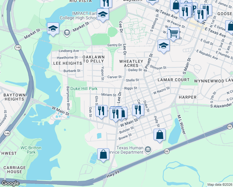 map of restaurants, bars, coffee shops, grocery stores, and more near 900 Miriam Street in Baytown