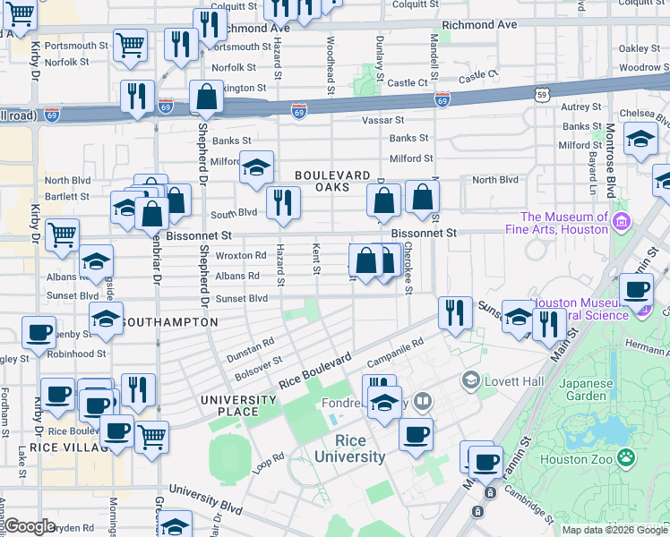 map of restaurants, bars, coffee shops, grocery stores, and more near 1828 Albans Road in Houston