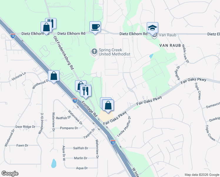 map of restaurants, bars, coffee shops, grocery stores, and more near 8943 Irving Hill in Boerne