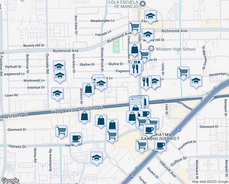 map of restaurants, bars, coffee shops, grocery stores, and more near 3914 Fairhill Drive in Houston