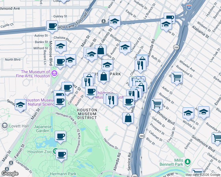 map of restaurants, bars, coffee shops, grocery stores, and more near 1612 Oakdale Street in Houston