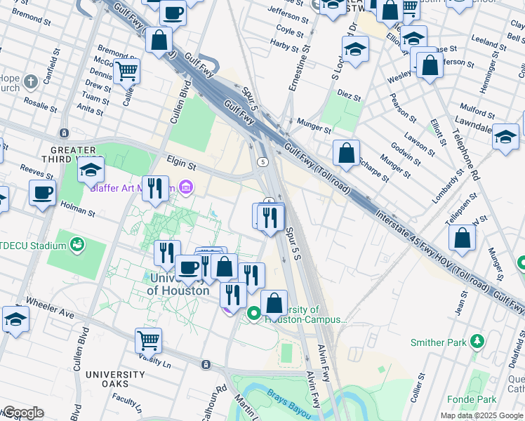map of restaurants, bars, coffee shops, grocery stores, and more near 4604 Calhoun Road in Houston