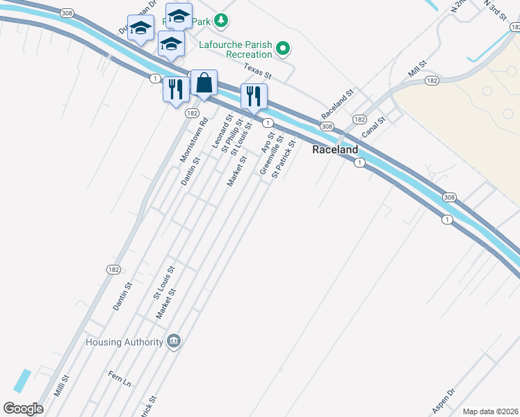 map of restaurants, bars, coffee shops, grocery stores, and more near 205 Saint Patrick Street in Raceland