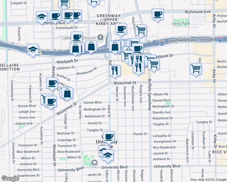 map of restaurants, bars, coffee shops, grocery stores, and more near 3614 Albans Road in Houston
