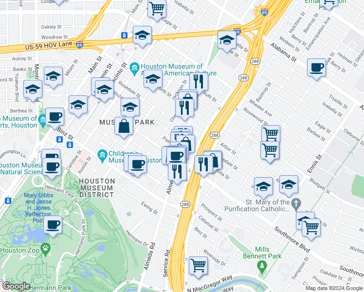 map of restaurants, bars, coffee shops, grocery stores, and more near Almeda Road in Houston