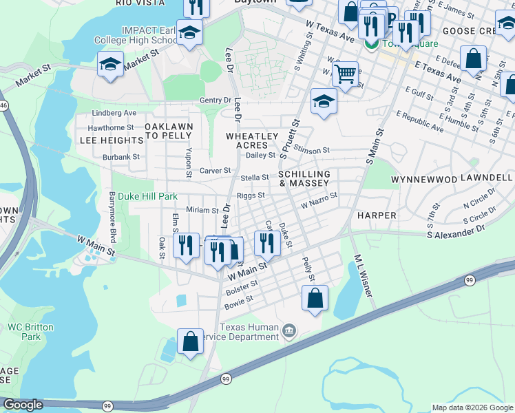 map of restaurants, bars, coffee shops, grocery stores, and more near 601 Miriam Street in Baytown