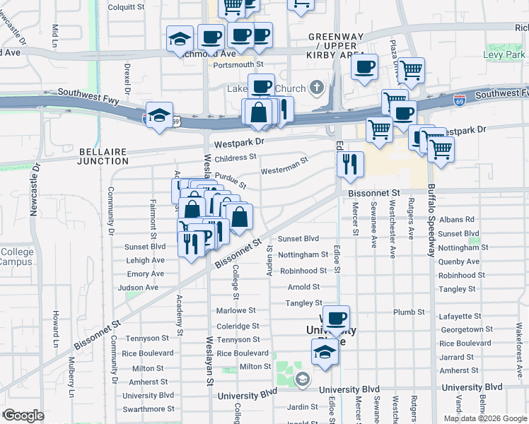 map of restaurants, bars, coffee shops, grocery stores, and more near 3790 Syracuse Street in Houston