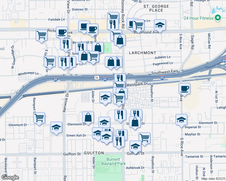 map of restaurants, bars, coffee shops, grocery stores, and more near 5500 El Camino Del Rey Street in Houston
