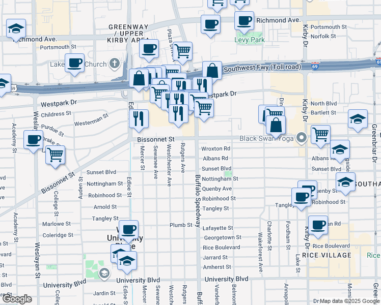 map of restaurants, bars, coffee shops, grocery stores, and more near 3220 Albans Road in Houston