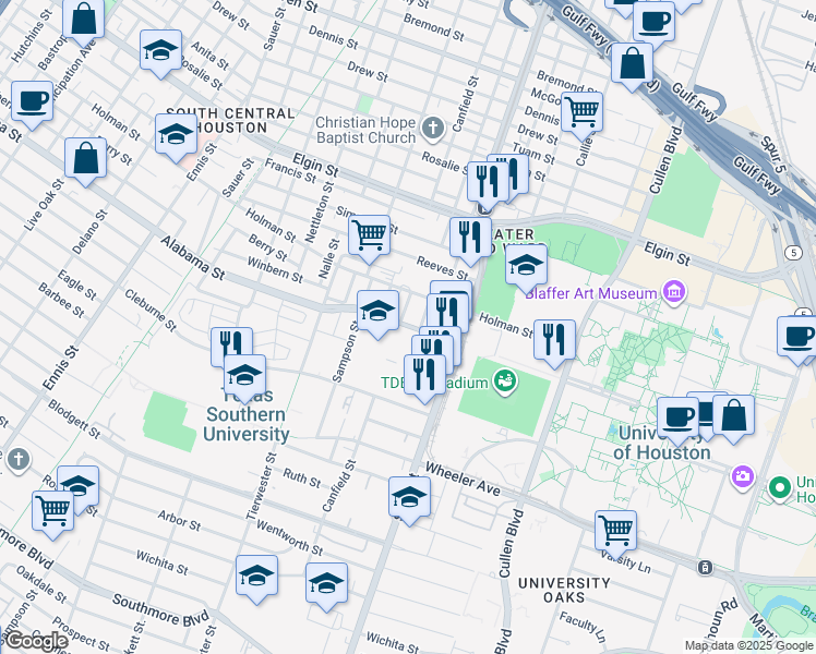 map of restaurants, bars, coffee shops, grocery stores, and more near 3650 East Alabama Avenue in Houston