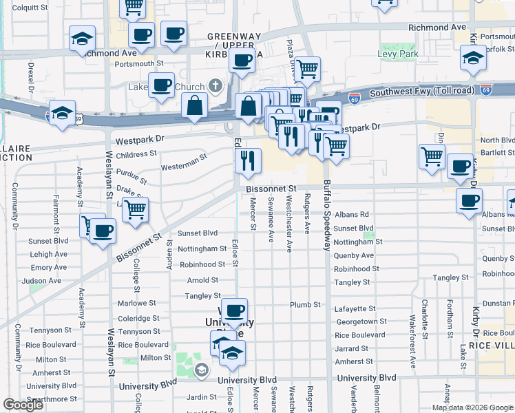 map of restaurants, bars, coffee shops, grocery stores, and more near 3504 Albans Road in Houston