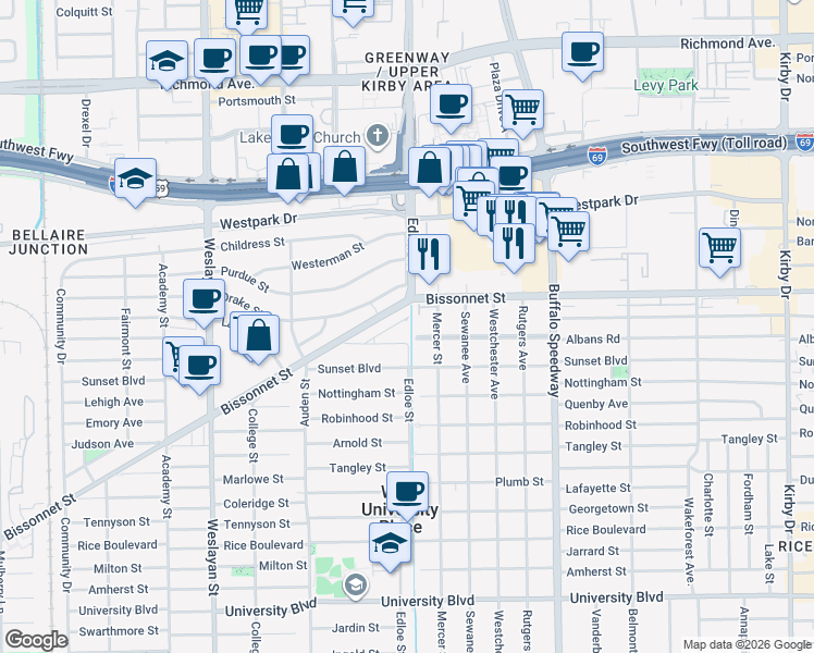 map of restaurants, bars, coffee shops, grocery stores, and more near 3614 Albans Road in Houston