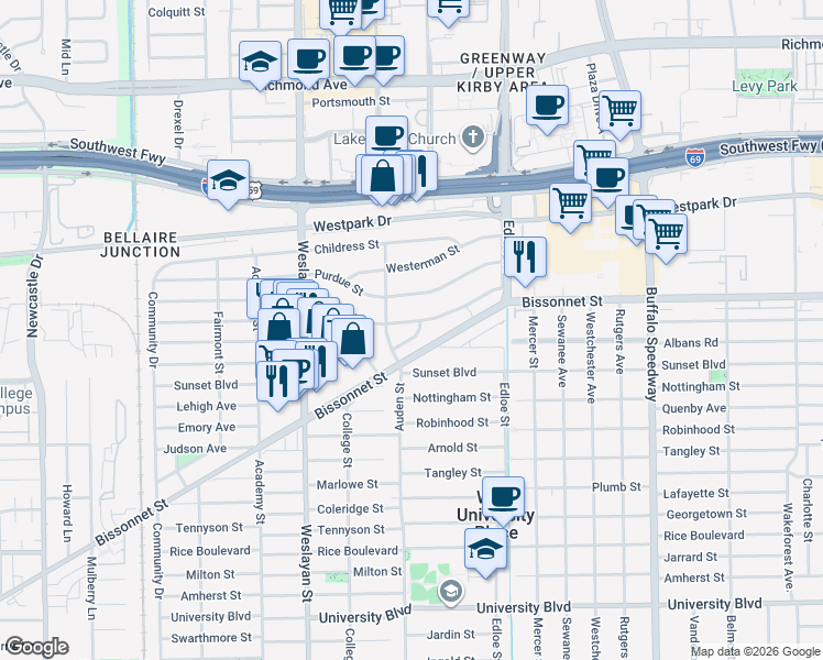 map of restaurants, bars, coffee shops, grocery stores, and more near 3790 Syracuse Street in Houston