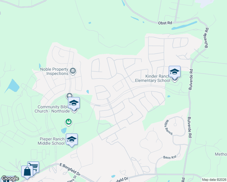 map of restaurants, bars, coffee shops, grocery stores, and more near 28706 Bluebottle in San Antonio