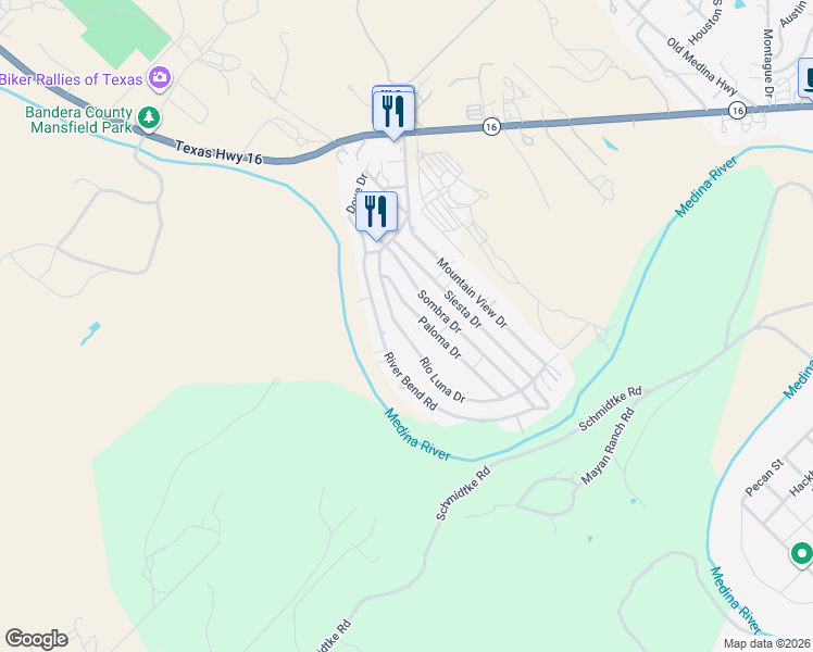 map of restaurants, bars, coffee shops, grocery stores, and more near 303 Rio Luna Drive in Bandera