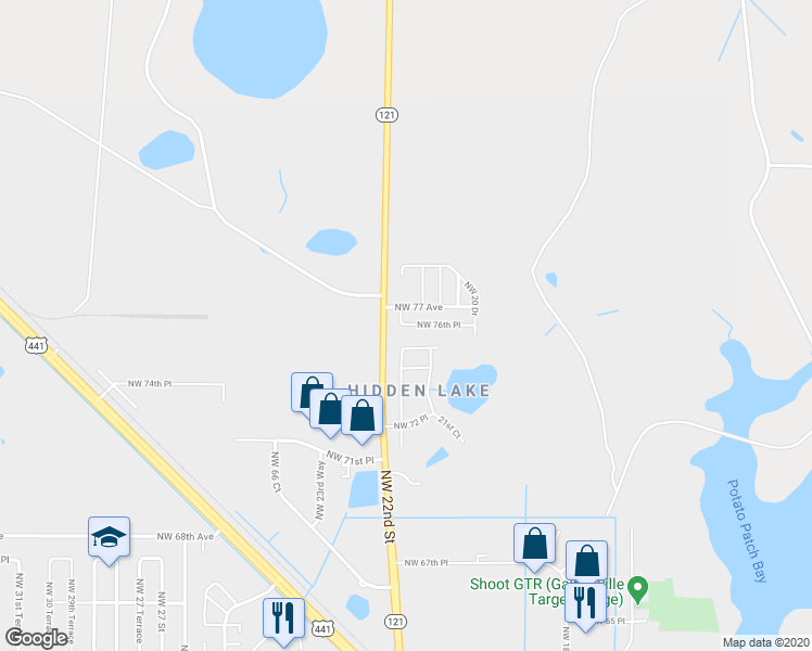 map of restaurants, bars, coffee shops, grocery stores, and more near 2151 Northwest 76th Place in Gainesville