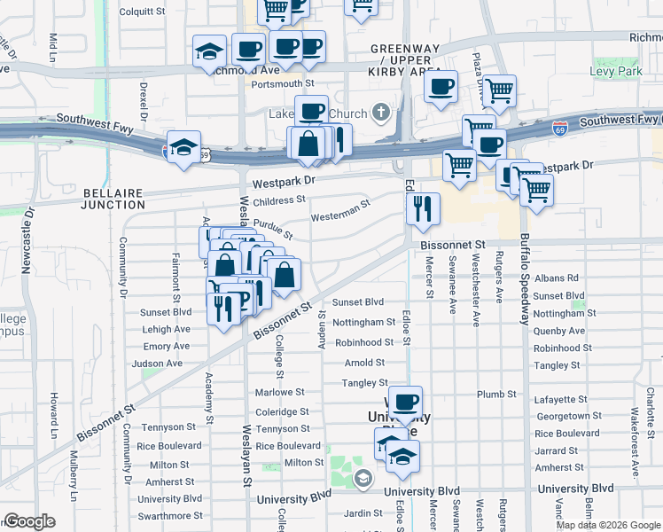 map of restaurants, bars, coffee shops, grocery stores, and more near 3790 Syracuse Street in Houston