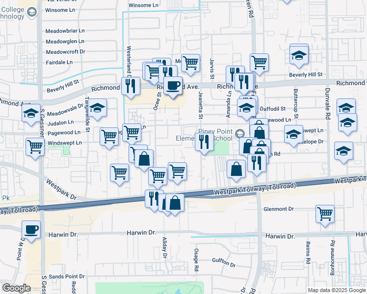 map of restaurants, bars, coffee shops, grocery stores, and more near 3600 Jeanetta Street in Houston