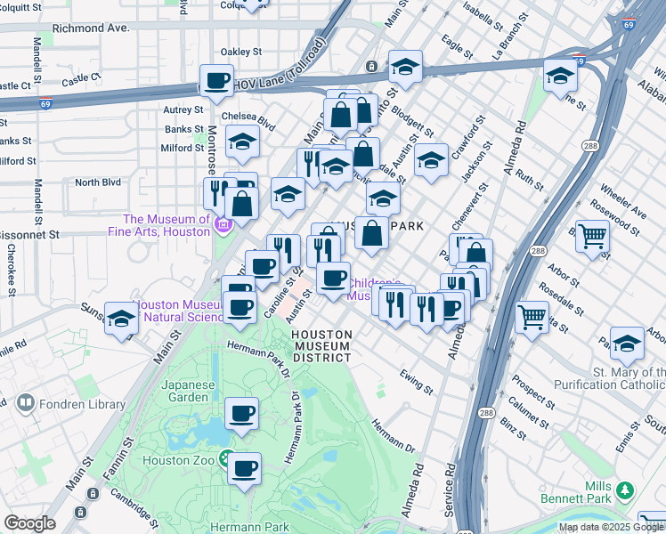 map of restaurants, bars, coffee shops, grocery stores, and more near 1426 Calumet Street in Houston