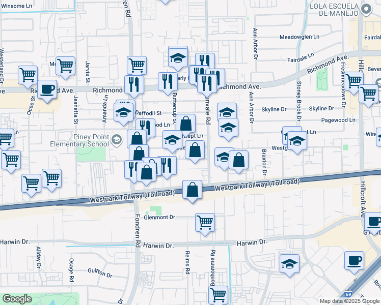 map of restaurants, bars, coffee shops, grocery stores, and more near 8622 Lipan Road in Houston
