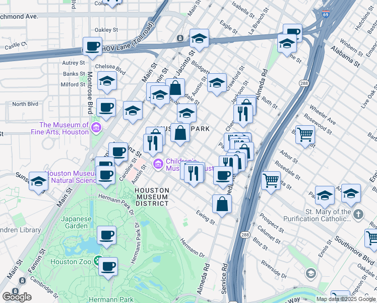 map of restaurants, bars, coffee shops, grocery stores, and more near 5301 Jackson Street in Houston