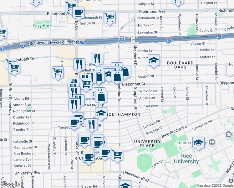 map of restaurants, bars, coffee shops, grocery stores, and more near 2316 Albans Road in Houston