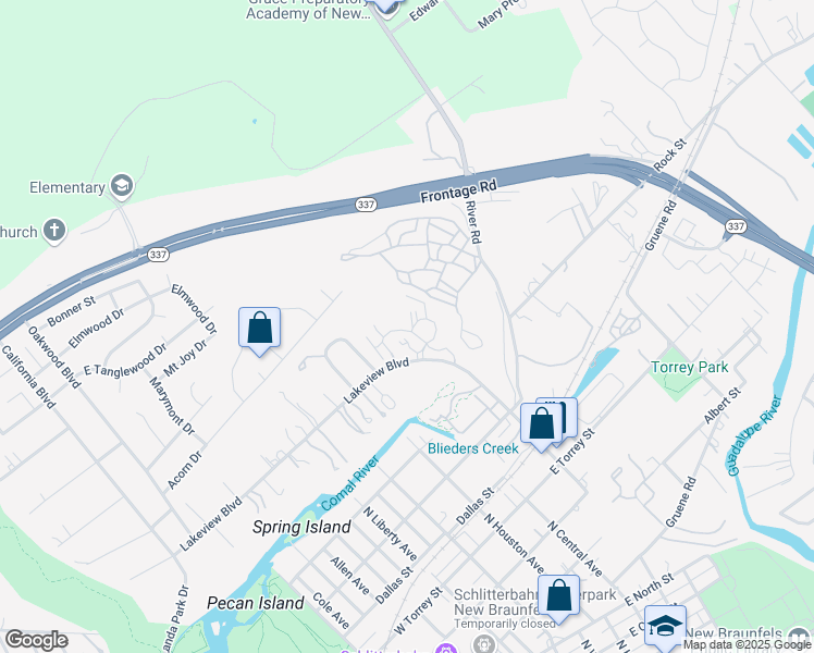 map of restaurants, bars, coffee shops, grocery stores, and more near 631 Lakeview Boulevard in New Braunfels