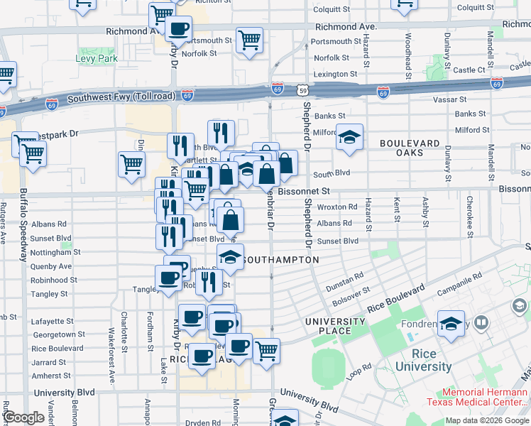 map of restaurants, bars, coffee shops, grocery stores, and more near 2316 Albans Road in Houston