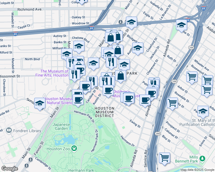 map of restaurants, bars, coffee shops, grocery stores, and more near 1416 Calumet Street in Houston