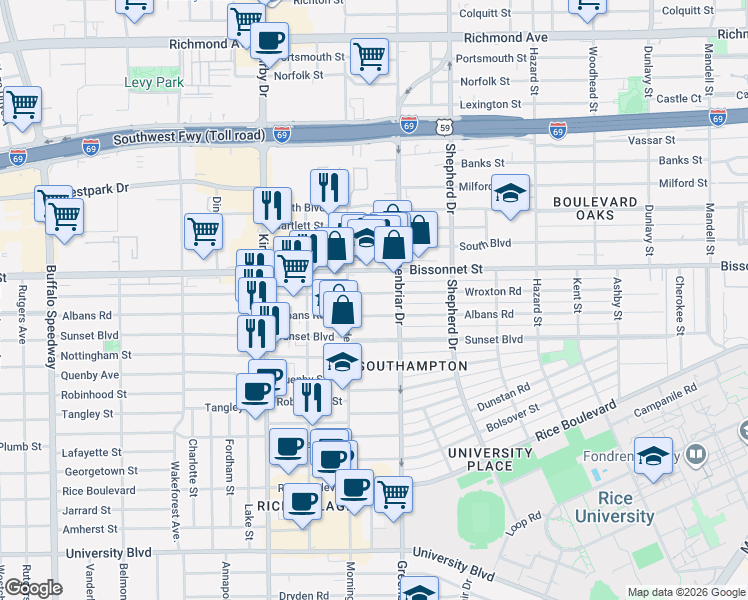 map of restaurants, bars, coffee shops, grocery stores, and more near 2316 Albans Road in Houston