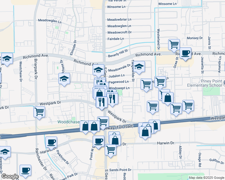 map of restaurants, bars, coffee shops, grocery stores, and more near 9631 Windswept Lane in Houston