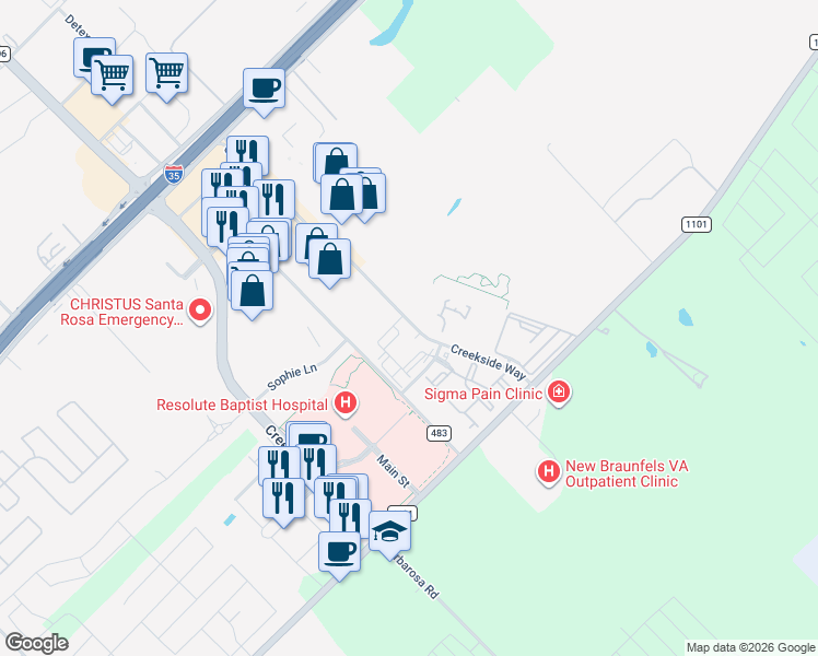 map of restaurants, bars, coffee shops, grocery stores, and more near 580 Creekside Way in New Braunfels