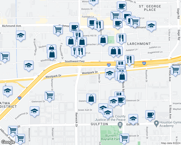 map of restaurants, bars, coffee shops, grocery stores, and more near Westpark Drive in Houston