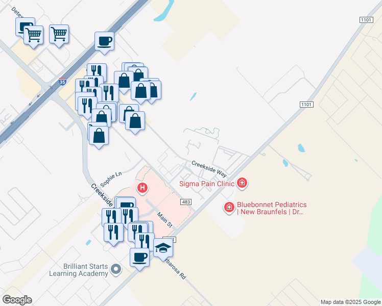 map of restaurants, bars, coffee shops, grocery stores, and more near 625 Creekside Way in New Braunfels