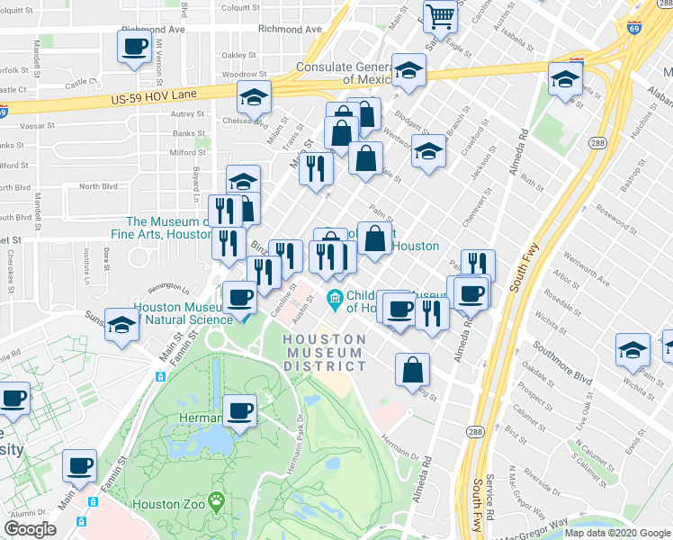 map of restaurants, bars, coffee shops, grocery stores, and more near 1427 Calumet Street in Houston