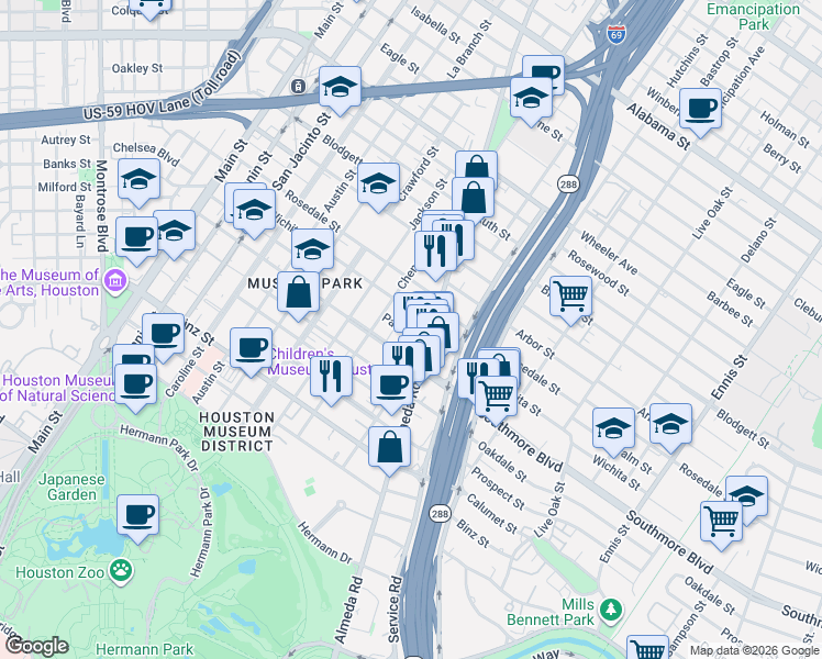 map of restaurants, bars, coffee shops, grocery stores, and more near 1842 Palm Street in Houston