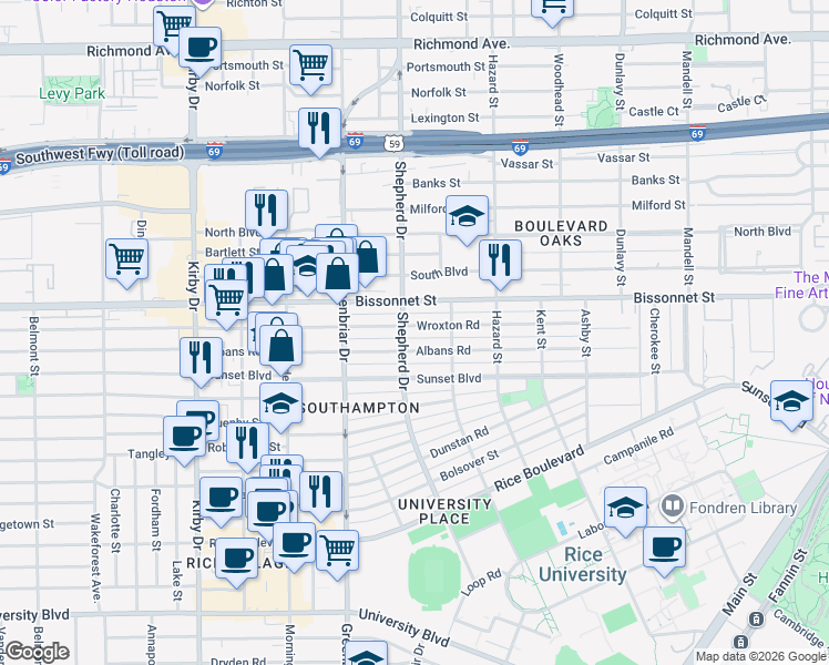 map of restaurants, bars, coffee shops, grocery stores, and more near 2140 Albans Road in Houston
