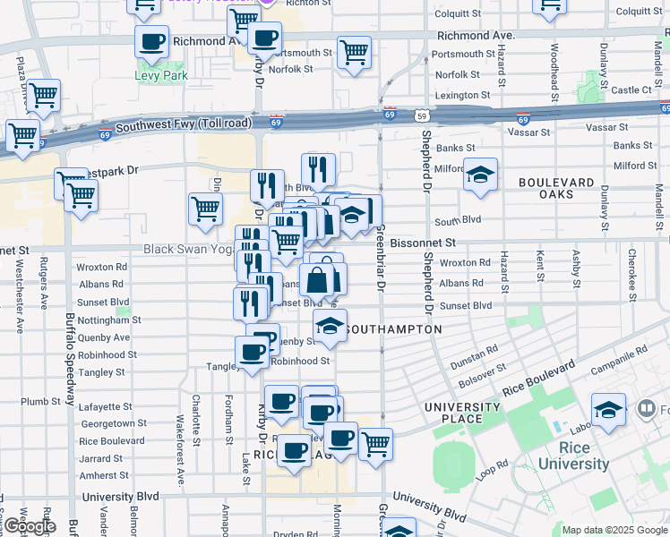 map of restaurants, bars, coffee shops, grocery stores, and more near 4618 Morningside Drive in Houston