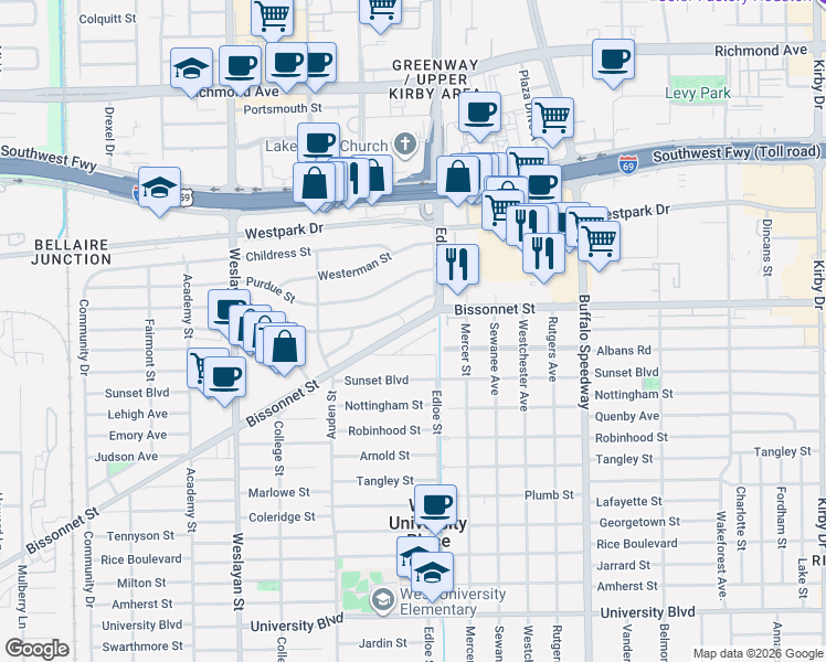 map of restaurants, bars, coffee shops, grocery stores, and more near 3724 Albans Road in Houston