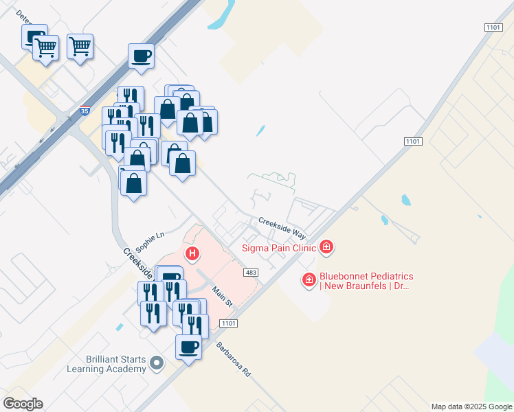 map of restaurants, bars, coffee shops, grocery stores, and more near 625 Creekside Way in New Braunfels