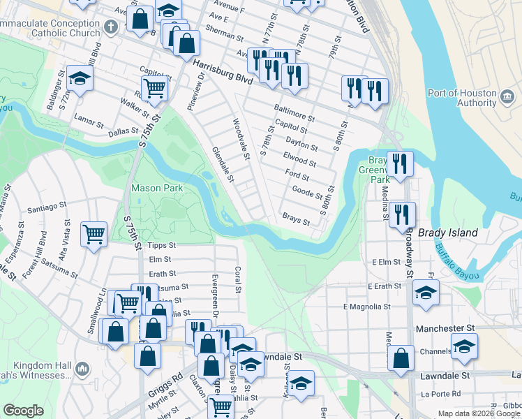map of restaurants, bars, coffee shops, grocery stores, and more near 107 Layton in Houston