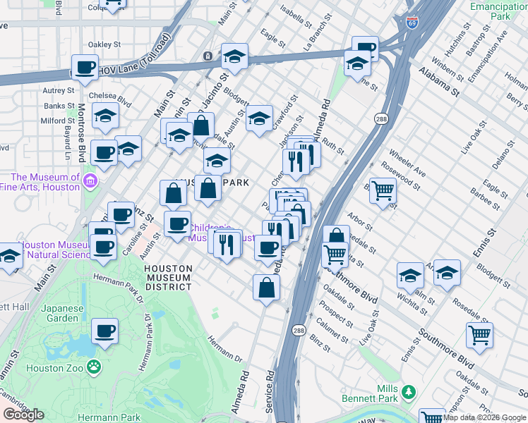 map of restaurants, bars, coffee shops, grocery stores, and more near 1810 Southmore Boulevard in Houston