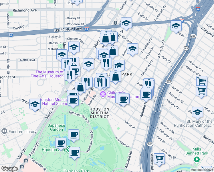 map of restaurants, bars, coffee shops, grocery stores, and more near 1431 Calumet Street in Houston
