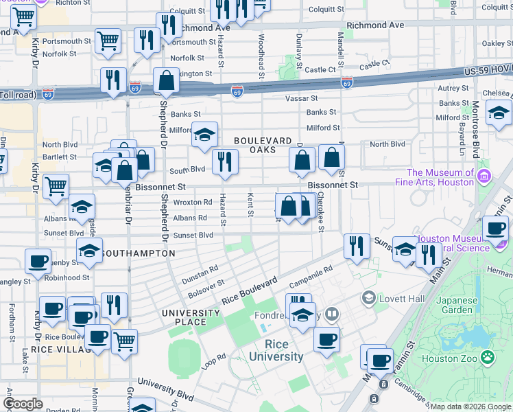 map of restaurants, bars, coffee shops, grocery stores, and more near 1828 Albans Road in Houston