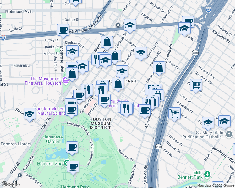 map of restaurants, bars, coffee shops, grocery stores, and more near 5350 Crawford Street in Houston