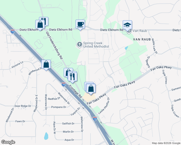 map of restaurants, bars, coffee shops, grocery stores, and more near 8943 Irving Hill in Boerne