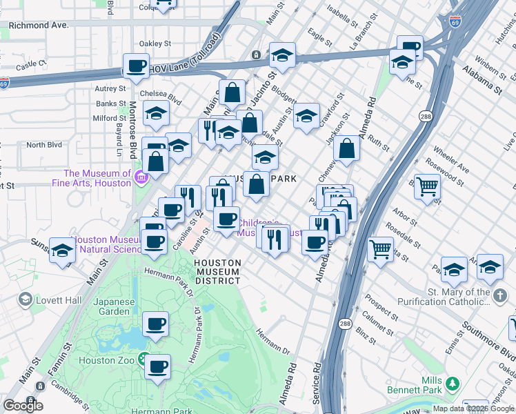 map of restaurants, bars, coffee shops, grocery stores, and more near 5350 Crawford Street in Houston