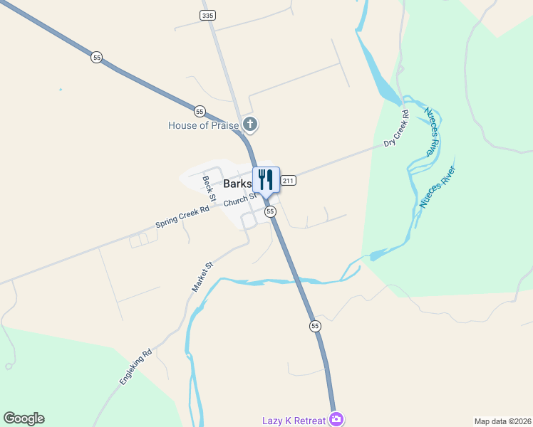 map of restaurants, bars, coffee shops, grocery stores, and more near 25772 Texas 55 in Barksdale